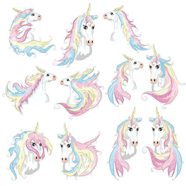 可爱的独角兽脸上带着犄角和美丽的彩虹图片下载