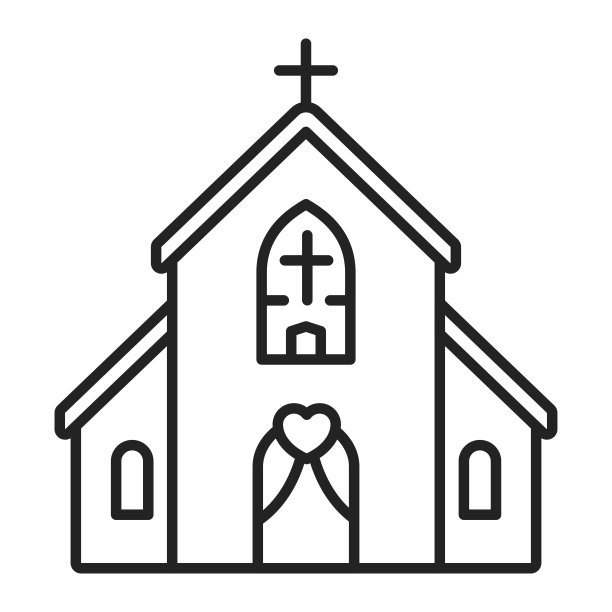 教堂建筑线条黑色图标。婚礼仪式。孤立的向量元素。用于网页、手机应用、促销的轮廓象形图。图片下载