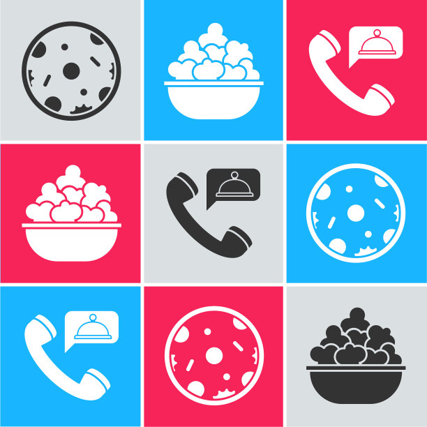 设置披萨爆米花碗和食物订购图标图片下载