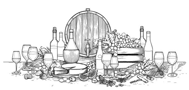 装饰有图案的酒杯和酒瓶图片下载