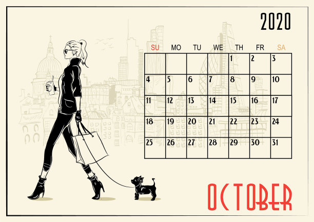 2020年10月日历与时尚女孩图片下载