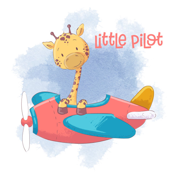 可爱的卡通长颈鹿在飞机上图片下载