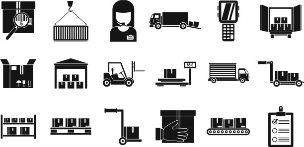 仓库运输图标设置简单风格图片下载