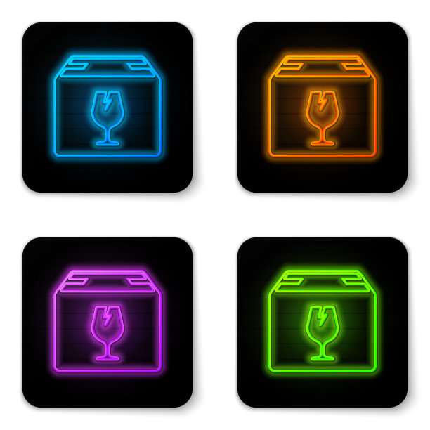 发光的霓虹灯快递包装盒与易碎品图片下载