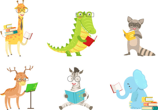 卡通人性化的动物阅读书籍图片下载