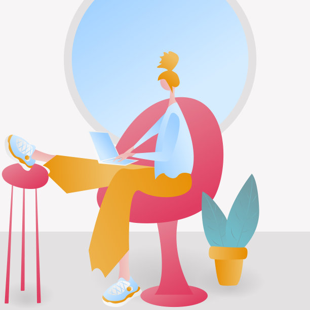 女孩坐在客厅内饰有窗户和植物的沙发上。人物在时尚的风格与笔记本电脑。矢量插画的自由职业者女性工作，看新闻，坐在社交网络图片下载