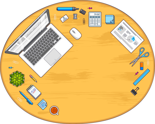 木制办公桌工作空间顶视图与PC图片下载
