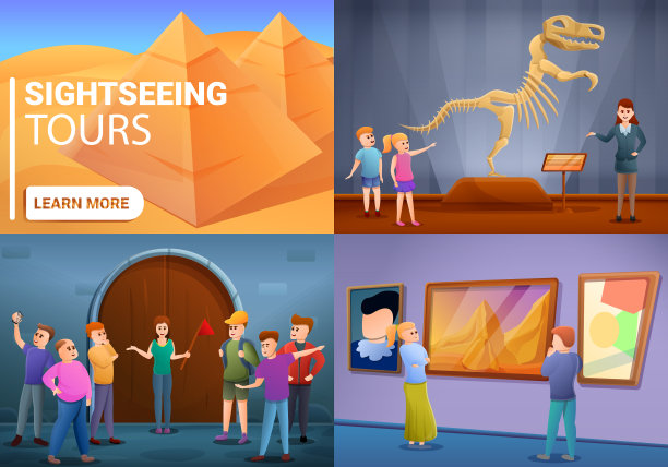 城市游览横幅设置卡通风格图片下载