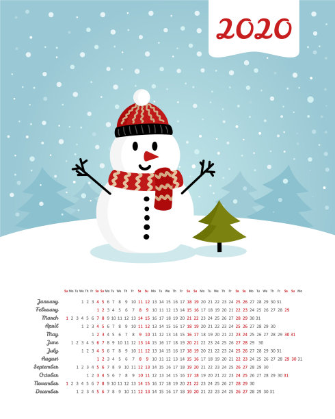 日历2020年周从周日开始图片下载