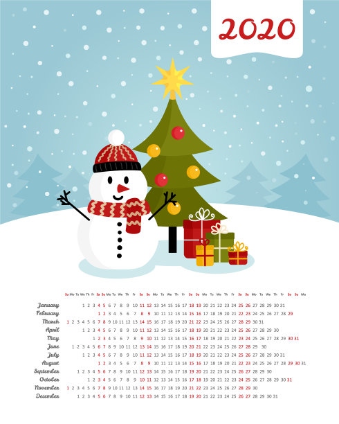 日历2020年周从周日开始图片下载