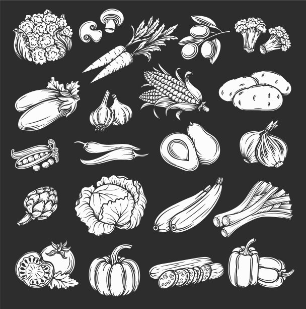 剪影蔬菜图标设置复古风格图片下载