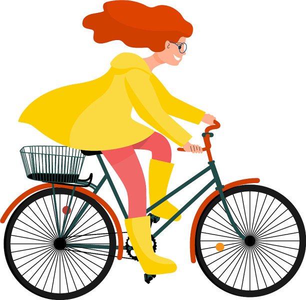 穿着黄色雨衣的漂亮女孩骑着自行车图片下载