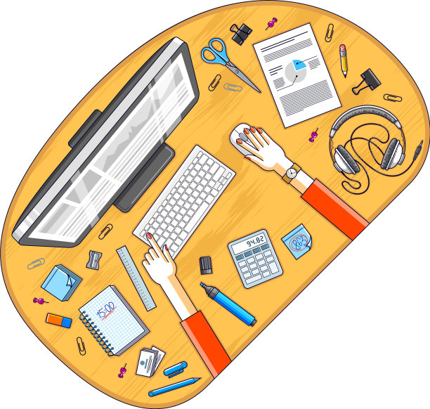 办公室办公桌工作空间俯视图与手图片下载