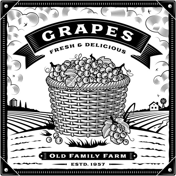 复古葡萄收获标签与景观黑色图片下载