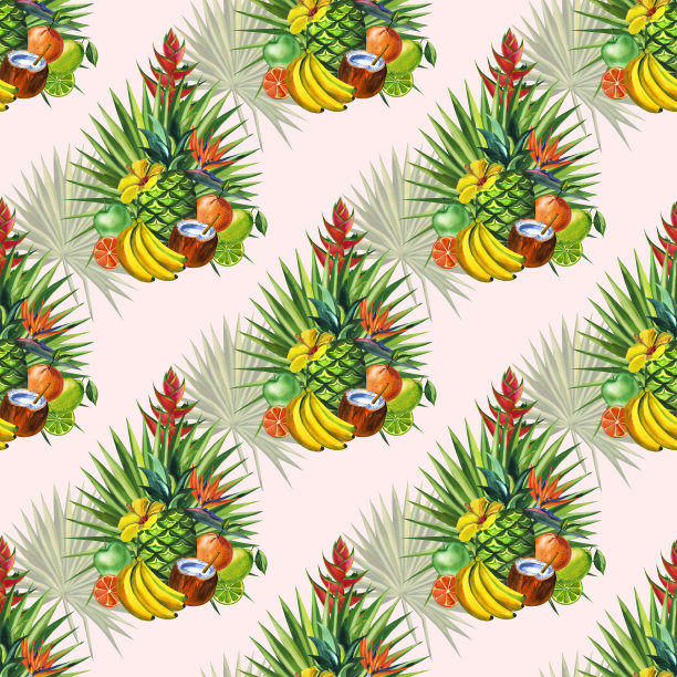 水彩无缝花卉图案与水果手绘装饰背景。手绘水彩插图。印刷纺织品，布料，墙纸，剪贴簿图片下载