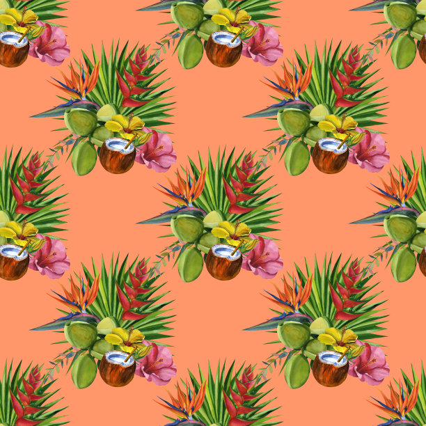 水彩无缝花卉图案与水果手绘装饰背景。手绘水彩插图。印刷纺织品，布料，墙纸，剪贴簿图片下载