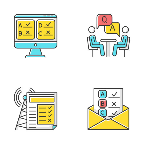 调查方法颜色图标集。在线，电子邮件，互联网连接民意调查。面试。公众舆论。客户审核。反馈。评估。数据收集。社会学。孤立的矢量插图图片下载