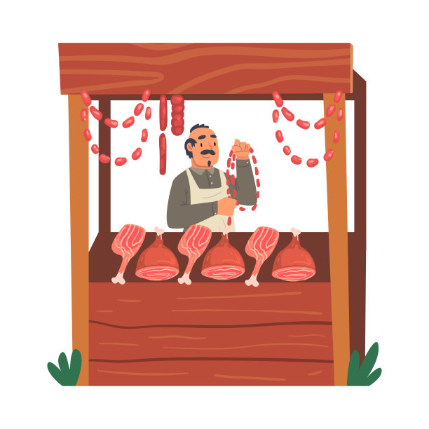 男性农民出售新鲜的有机肉类在木制摊位在市场矢量插图图片下载