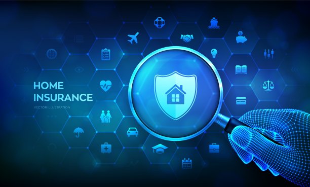 家庭保险概念与放大镜在手。房地产保险。家庭安全保护。放大镜和虚拟屏幕上的信息图表。矢量插图。图片下载