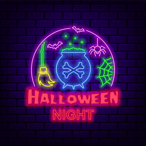 万圣节之夜的霓虹招牌在黑砖上图片下载