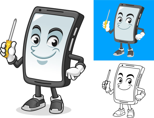 手持智能手机螺丝刀的卡通人物图片下载