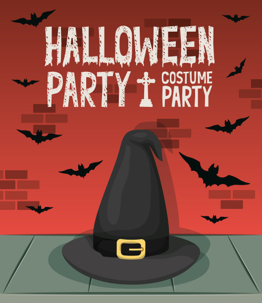 带有女巫帽和蝙蝠的万圣节庆祝卡片图片下载