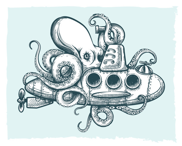 巨型章鱼与潜水艇嬉戏图片下载