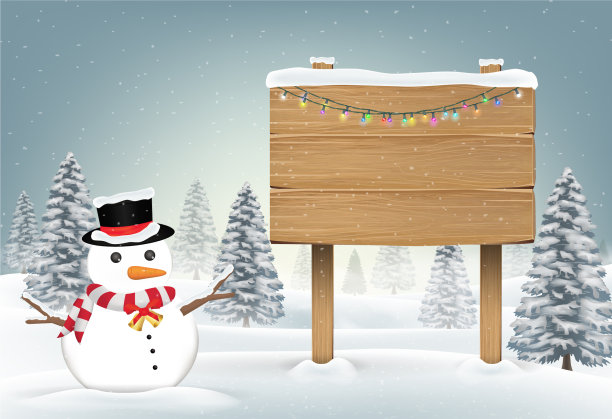 冬天森林里的雪人和木板标志图片下载