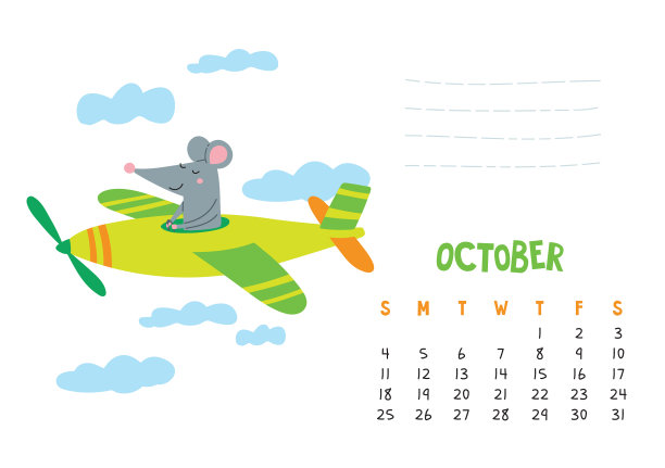 十月日历页与可爱的老鼠在旅行图片下载