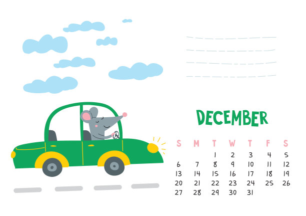 12月日历页与可爱的老鼠在旅行图片下载