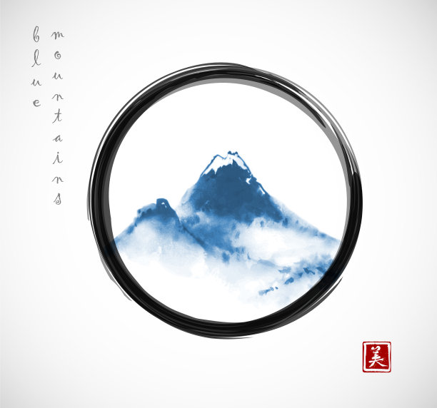 蓝山手绘与墨汁在黑色enso图片下载