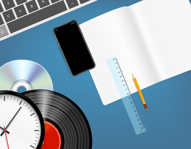 不同的物体在蓝色的桌子上播放音乐图片下载