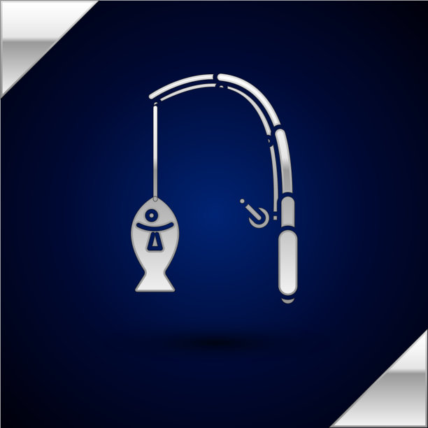 银色鱼竿和鱼的图标孤立在黑暗中图片下载