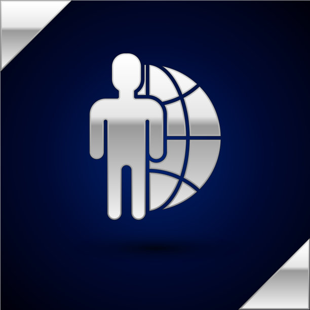 银色地球仪和人物图标孤立在深蓝色图片下载