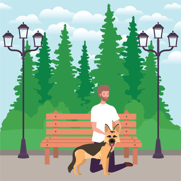 年轻人和可爱的狗吉祥物在公园里图片下载