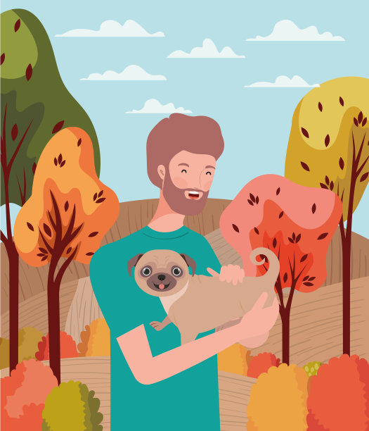 在秋季夏令营，年轻人和可爱的狗吉祥物图片下载