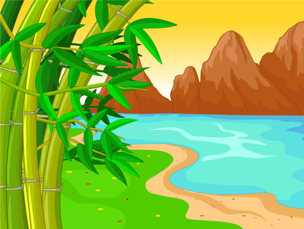 湖泊景观与岩石山和竹林图片下载