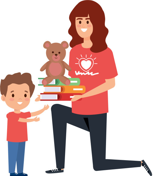 一位妇女志愿给一个男孩书和玩具熊图片下载