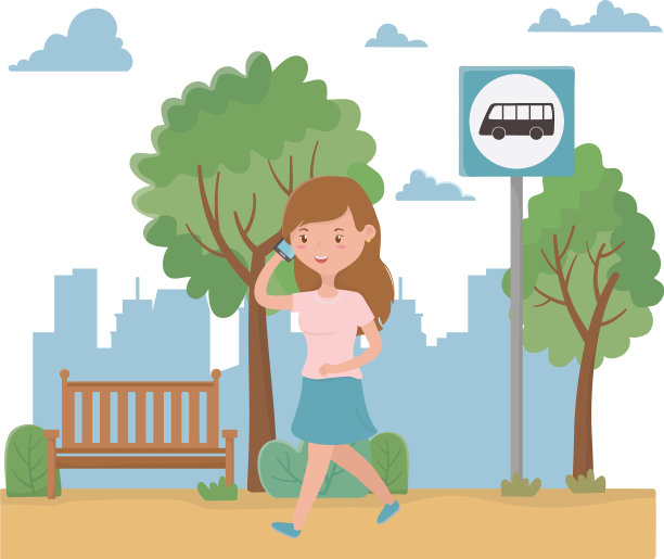 女人卡通和公交车站设计图片下载