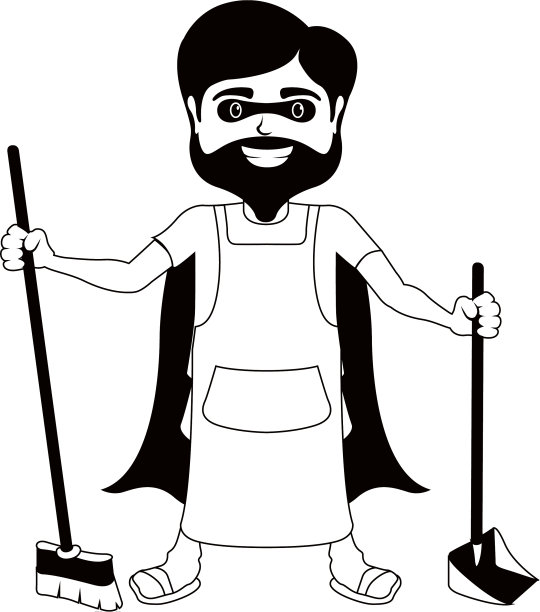 黑白人物超级爸爸清洁与扫帚图片下载