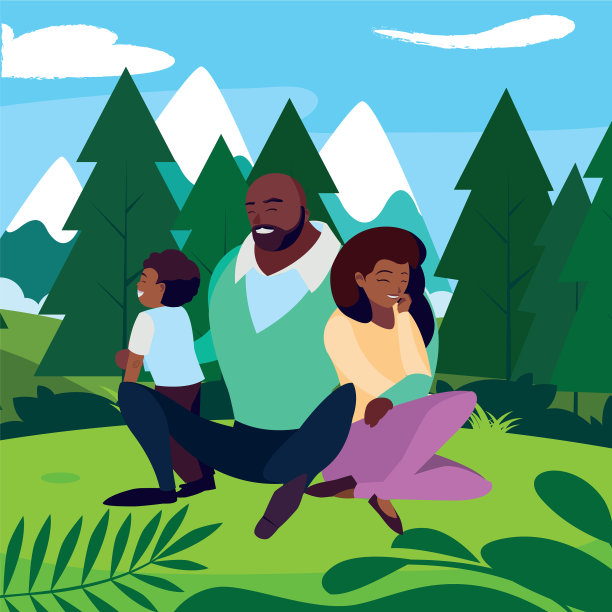 一对黑人夫妇和儿子在风景图片下载