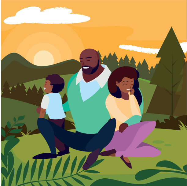 一对黑人夫妇和儿子在风景图片下载