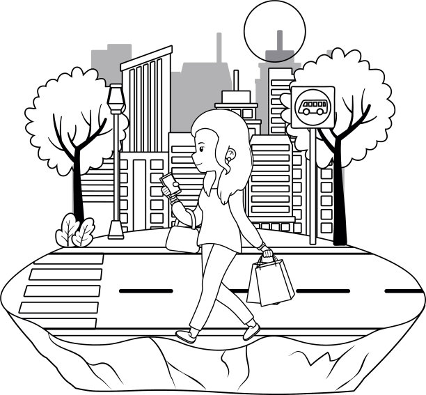 女人卡通和公交车站设计图片下载