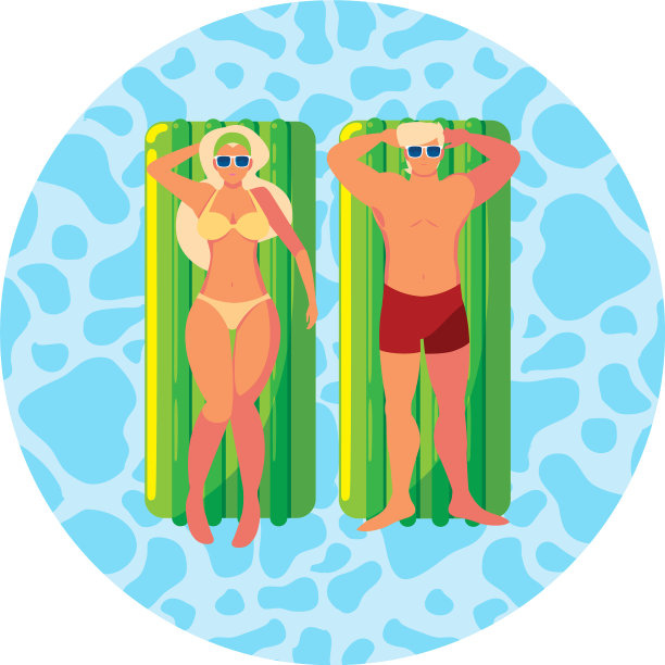 一对年轻夫妇把浮在水中的床垫图片下载