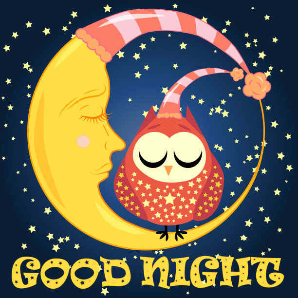 带着熟睡的月亮和可爱的猫头鹰的晚安卡片图片下载