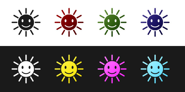 设置可爱的太阳与微笑图标孤立在黑色和图片下载