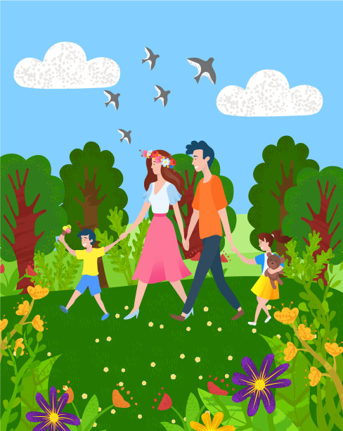 母亲，父亲，儿子和女儿走在一起图片下载