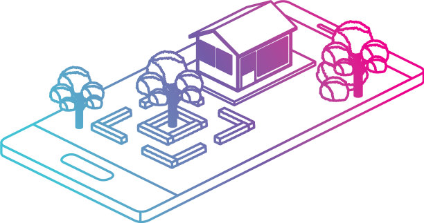 智能手机与营地和建筑等距图片下载