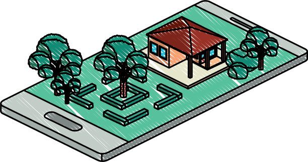 智能手机与营地和建筑等距图片下载