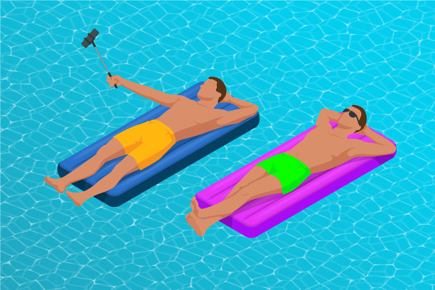 充气圈和床垫上的年轻人图片下载